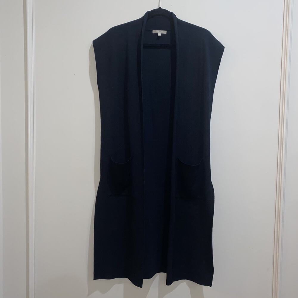 JOAN VASS Black Long Duster Open Cardigan Vest Sz M Layering Sweater Fall Winter